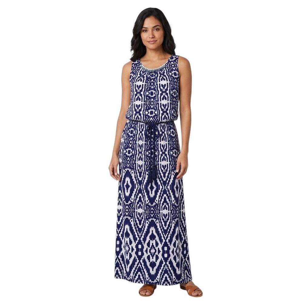 Ruby Rd Blue Coastal Maxi Dress Size S Blouson Geometric Print Shells Beach NWT